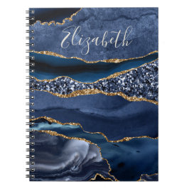 Caderno Espiral Mármore Ágata Nome Monogramado Dourado Azul Brilho