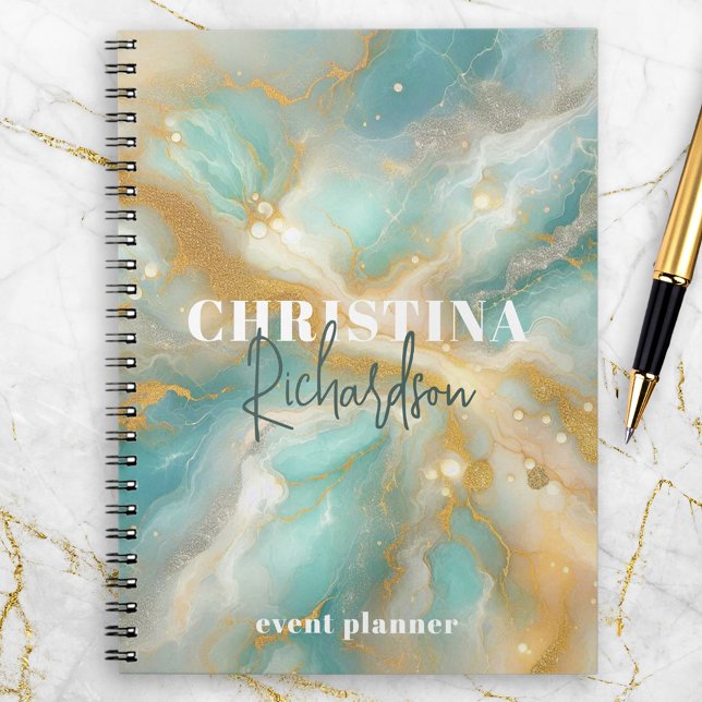 Caderno Espiral Mármore Aquamarina com Brilho Dourado Luxuoso Eleg (Criador carregado)