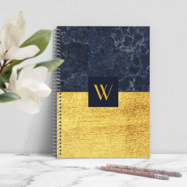 Caderno Espiral Mármore Azul Dourado Monograma Elegante
