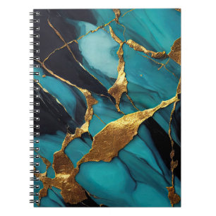 Caderno Espiral Mármore Azul Teal Profundo com Veias de Ouro Ousad