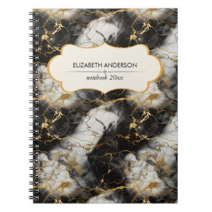 Caderno Espiral Mármore branco, Dourado e negro de luxo elegante