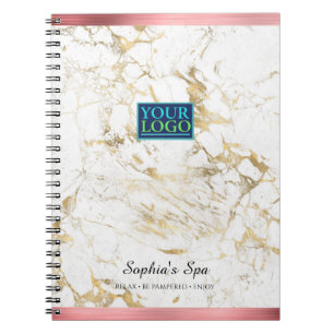 Caderno Espiral Mármore Branco/Dourado Elegante, Barras Dourado Ro