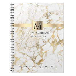 Caderno Espiral Mármore Branco/Dourado, Nome & Monograma, Profissã