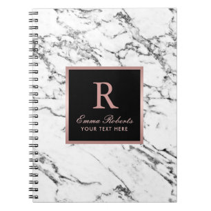 Caderno Espiral Mármore Branco Elegante Dourado de Rosa de Monogra