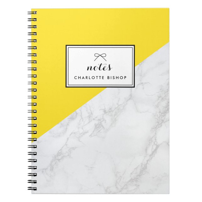 Caderno Espiral Mármore Branco Moderno com Bloco Amarelo (Frente)
