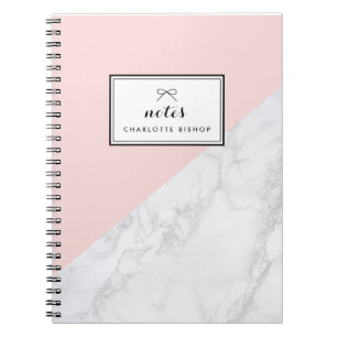 Caderno Espiral Mármore branco moderno com bloco rosa personalizad