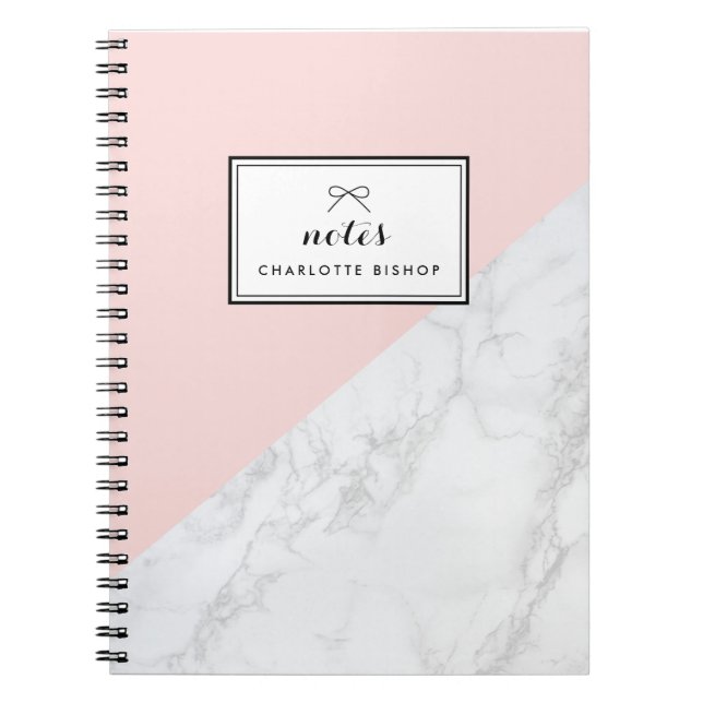 Caderno Espiral Mármore branco moderno com bloco rosa personalizad (Frente)