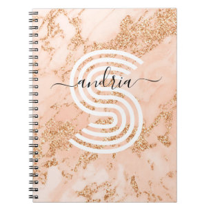 Caderno Espiral Mármore Brilho Dourado Rosa, Nome em Rascunho Mono