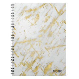 Caderno Espiral Mármore Dourado e Branco Glam Elegante Personaliza