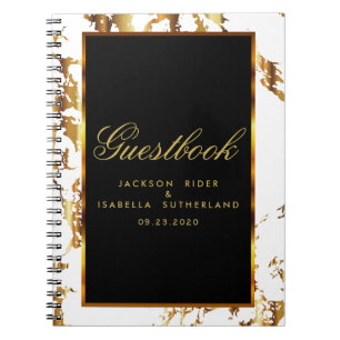 Caderno Espiral Mármore Dourado, preto e branco - Guestbook