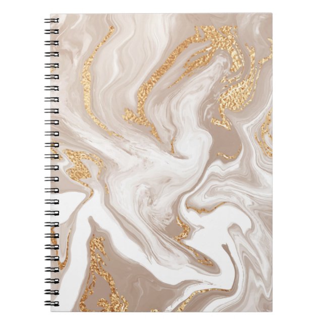 Caderno Espiral Mármore líquido bege, arte da linha de ouro. (Frente)