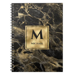 Caderno Espiral Mármore Preto e Dourado Monograma Luxo Elegante