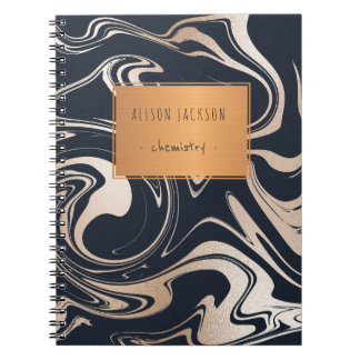 Caderno Espiral Mármore preto rosa dourado com escola de etiqueta