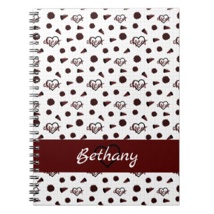 Caderno Espiral Maroon Cheer Hearts, Pom Poms, Padrão Megaphone