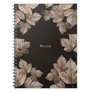 Caderno Espiral Marrom Escuro & Folhas de Bronze Rústico Glam Pers