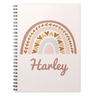 Caderno Espiral Marrom rosa Boho Arco-Íris Nome Personalizado Mono