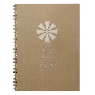 Caderno Espiral Marrom Rústico Kraft Fazenda Moinho de Vento País 