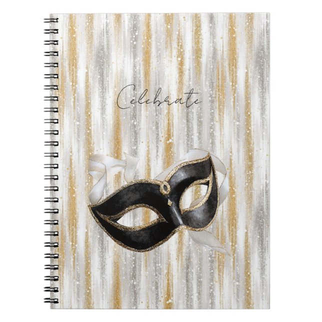 Caderno Espiral Máscara de Celebração Prata Dourado Glamourosa (Frente)