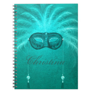 Caderno Espiral Máscara de mascarada com pena, elegante teal vint