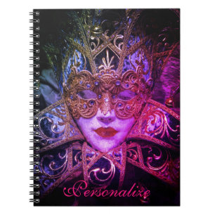 Caderno Espiral Máscara de mascarada Victorian elegante rosa preto