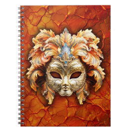 Caderno Espiral Máscara de ornamentado com Penas Laranja no Fundo 