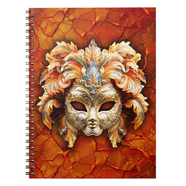 Caderno Espiral Máscara de ornamentado com Penas Laranja no Fundo  (Frente)