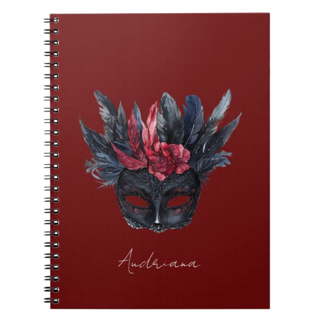 Caderno Espiral Máscara de Penas Vermelhas Pretas (Frente)