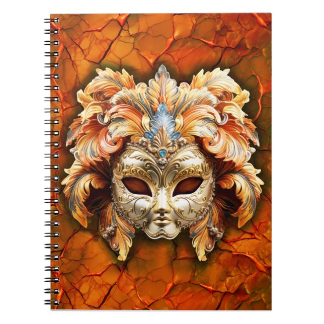 Caderno Espiral Máscara de Veneza com Ameixas Laranja em Fundo Ver (Frente)