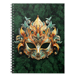 Caderno Espiral Máscara Dourada em Fundo Verde Floresta