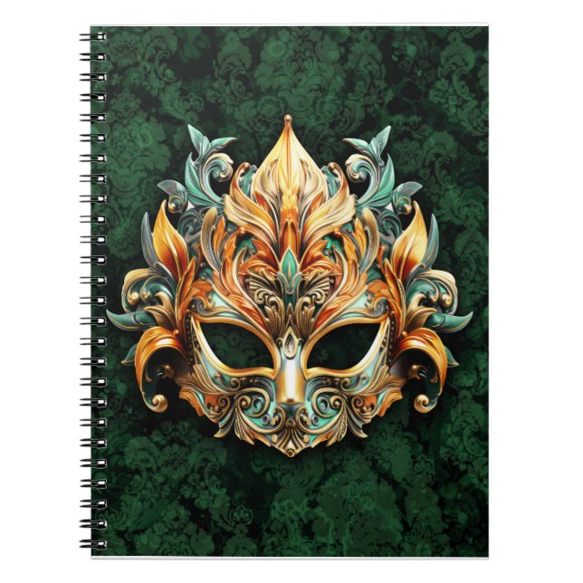 Caderno Espiral Máscara Dourada em Fundo Verde Floresta (Frente)