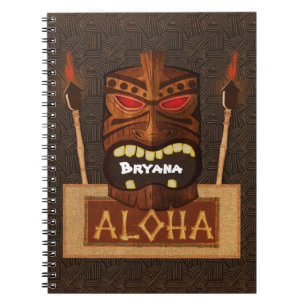 Caderno Espiral Máscara Tiki de Madeira Vintage Retro ALOHA Havaia