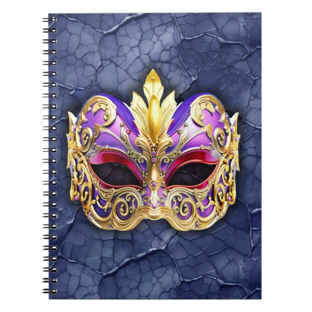 Caderno Espiral Máscara Veneziana Decorativa sobre Marinho Escuro  (Frente)