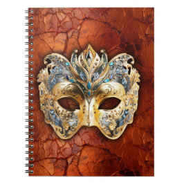 Caderno Espiral Máscara veneziana luxuosa sobre fundo de ferrugem 