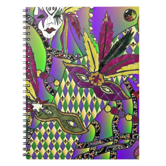 Caderno Espiral Máscaras de penas do Mardi Gras Psychedelic (Frente)