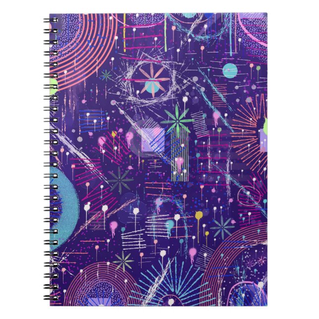 Caderno Espiral Maximalista Abstrato sobre Roxo (Frente)