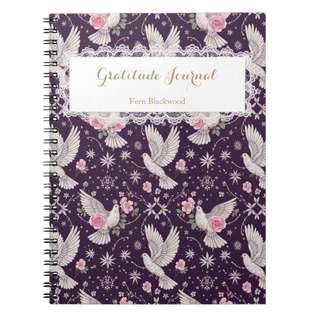 Caderno Espiral Maximalista Romântico Personalizado Pombo e Rosa (Frente)