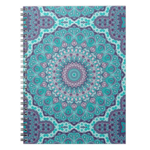Caderno Espiral Medalhão de Caleidoscópio de Mandala Azul e Puro