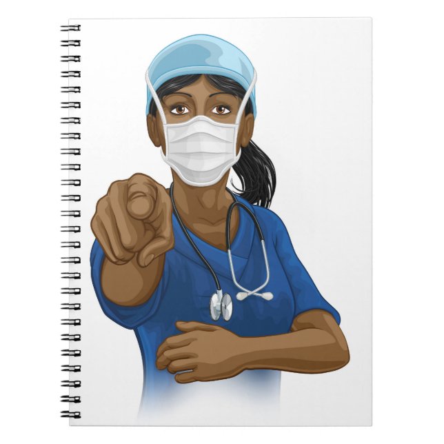 Caderno Espiral Médica ou enfermeira em Scrubs Uniform Pointing (Frente)