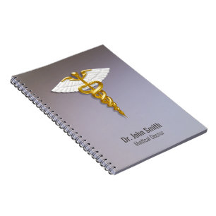 Caderno Espiral Medical Elegant Gold Caduceus White Wings