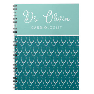 Caderno Espiral Médico Personalizado De Padrão Teal Stethoscope