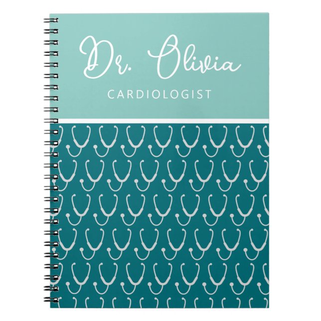 Caderno Espiral Médico Personalizado De Padrão Teal Stethoscope (Frente)