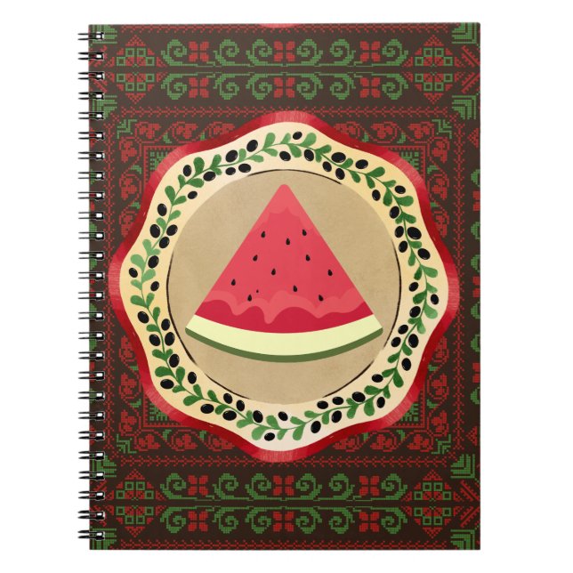 Caderno Espiral melancia sobre a placa de azeite com tatreez pales (Frente)