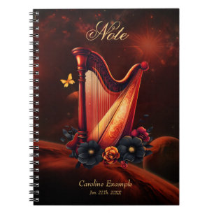 Caderno Espiral Melodia cósmica, a magia da harpa.
