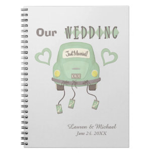 Caderno Espiral Memória verde do casamento do carro da lua de mel