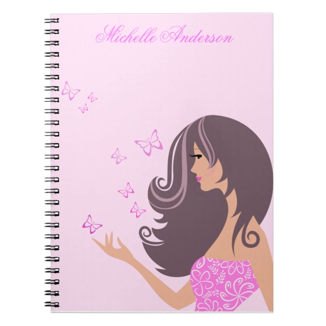 Caderno Espiral Menina bonita com borboletas Notebook (Frente)