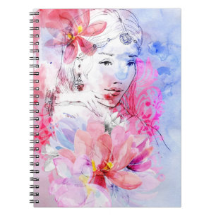Caderno Espiral Menina bonita com um buquê das flores