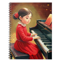 Menina bonita de vestido vermelho tocando piano