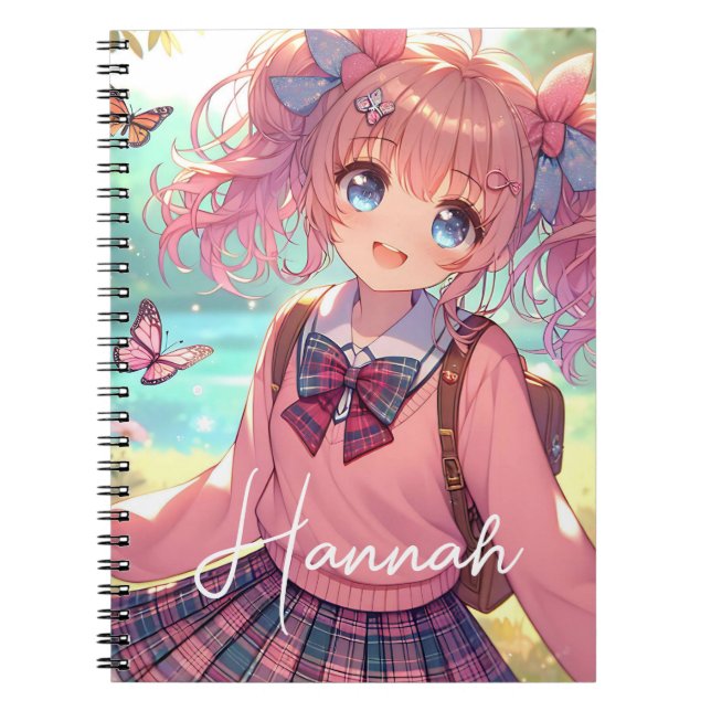 Caderno Espiral Menina bonito de anime em rabo-de-porco rosa (Frente)