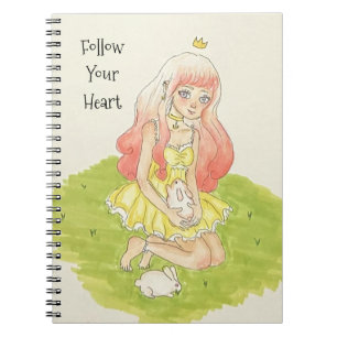 Caderno Espiral Menina & Coelho na Janela Estrelas Coração Sonho
