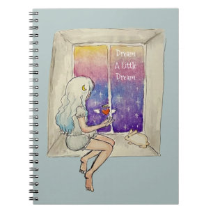 Caderno Espiral Menina & Coelho na Janela Estrelas Coração Sonho